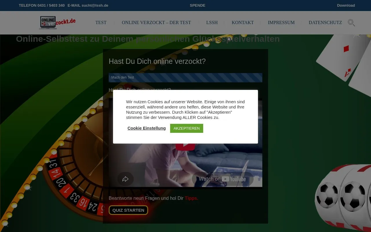 Startseite von onlineverzockt.de, Online-Selbsttest zum Glücksspiel, Website von conrat