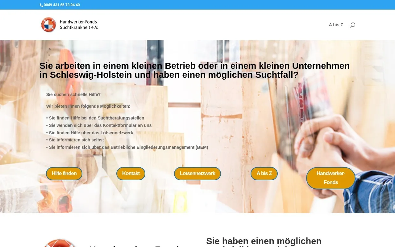 Startseite von suchtfreiarbeiten.de, Website von conrat für den Handwerker-Fonds Suchtkrankheit